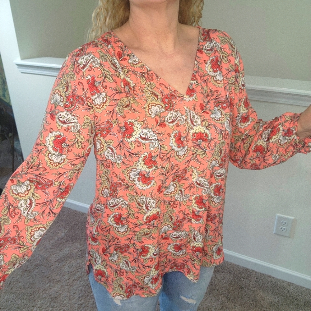 Loft Floral Print Feminine Flowy Lightweight Coral Blouse SZ L